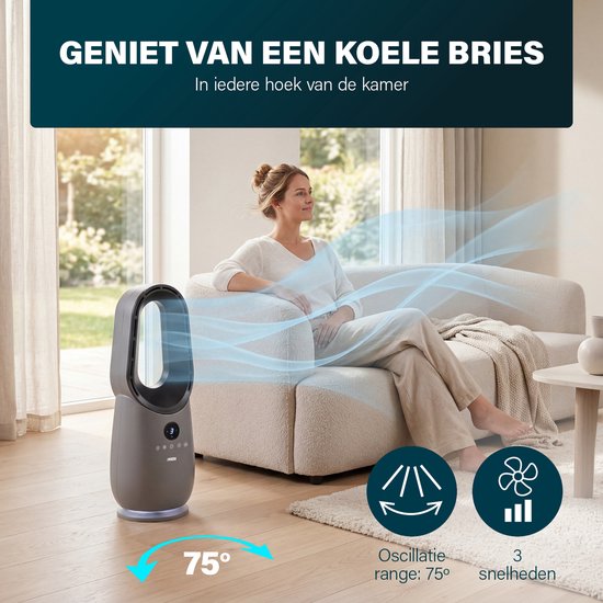 Princess Bladloze Torenventilator - 60 W – Krachtige & Stille Bladeless Fan met Afstandsbediening, Timer & LED‑Display – 75° Oscillatie – 3 Snelheden – 351582