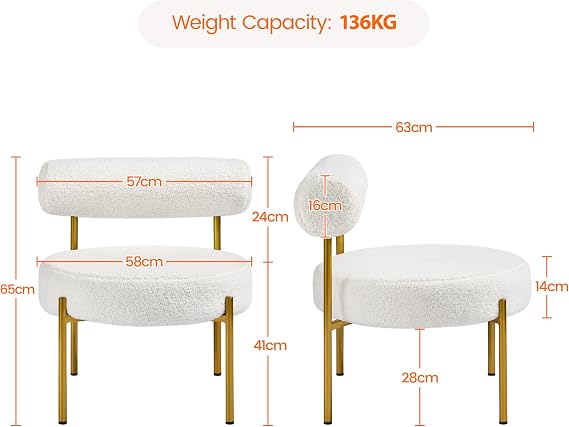 Yaheetech Bouclé Fauteuil - Gestoffeerde Stoel - Ø58 cm Zitvlak - Metalen Poten