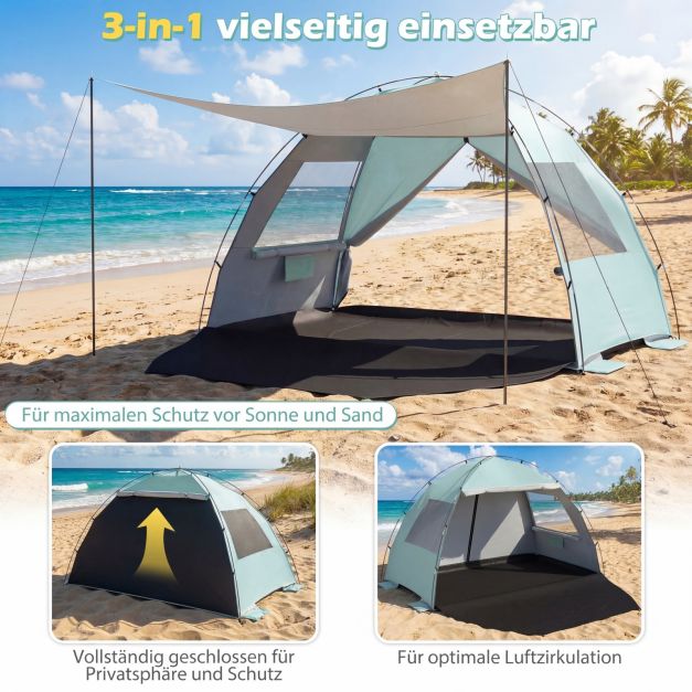 Coast Strandtent 260 × 150 × 160 cm – Beach Shelter met Luifel, UPF 50+ UV-Bescherming, Mesh Ramen & Draagtas – Groen