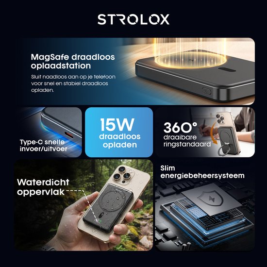 Strolox Powerbank - 12000 mAh - Geschikt voor MagSafe systeem - Draadloze Powerbanks - Snellader - Noodpakket - Met Stand
