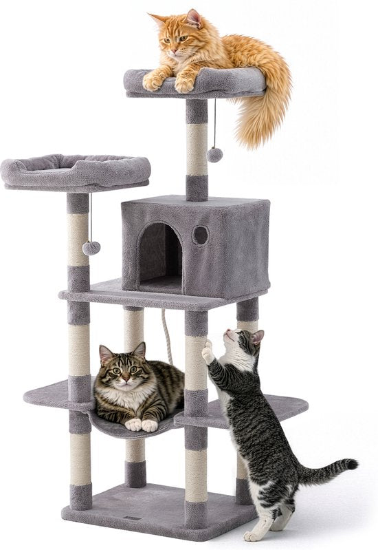 Jake en Jacky Krabpaal voor Katten - Kattenkrabpaal - Krabmeubel - Kattenboom - Krabpalen - Kattenhuis - Lichtgrijs - 147 cm Hoog