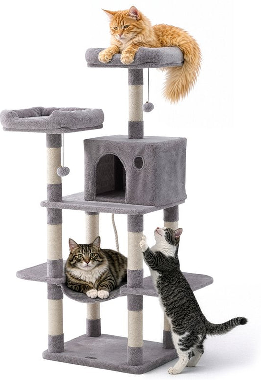 Jake en Jacky Krabpaal voor Katten - Kattenkrabpaal - Krabmeubel - Kattenboom - Krabpalen - Kattenhuis - Lichtgrijs - 147 cm Hoog