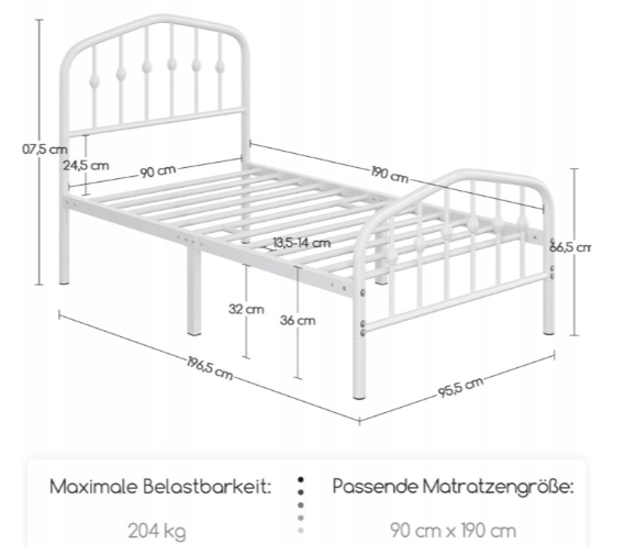 Yaheetech Eenpersoonsbed Metaal Vintage - Wit - 90 x 190 cm