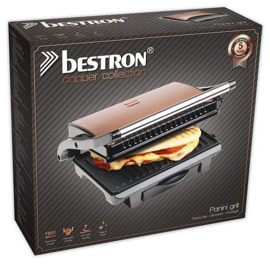 Bestron Contactgrill - ASW113CO - 1000W - Tosti apparaat - 25x17cm bakoppervlak - Koper - 5 jaar garantie