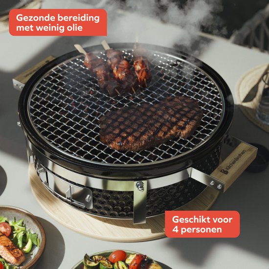 KitchenBrothers Kamado Hibachi Grill - Houtskool Barbecue - Shichirin Tafelgrill - PFAS-vrij - Ronde BBQ - Keramische Barbecue - Zwart