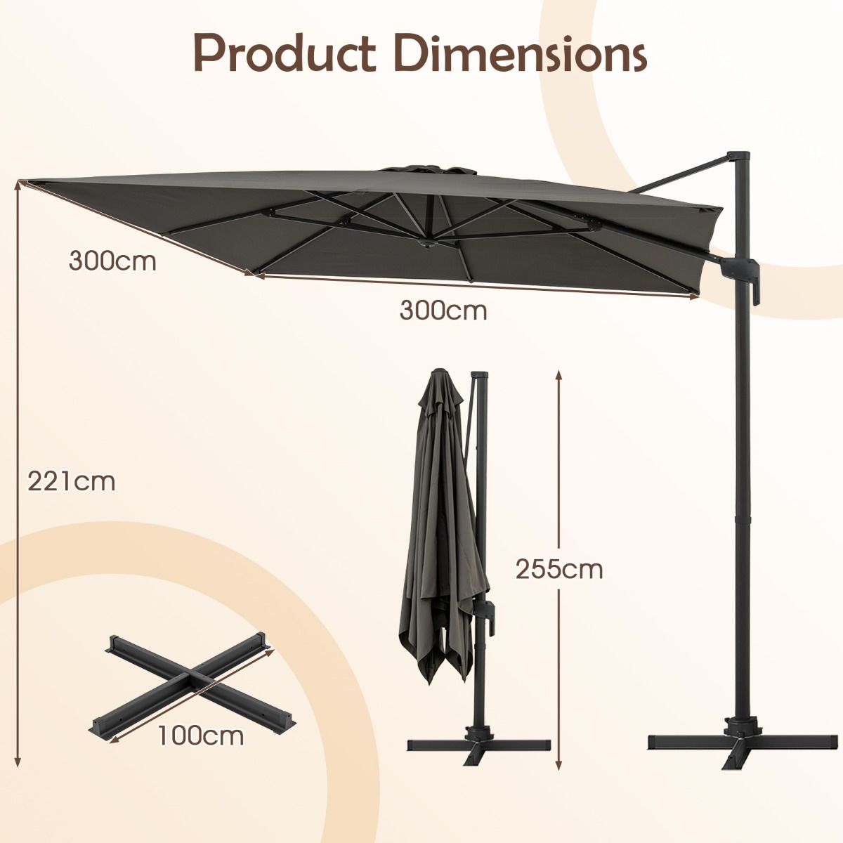 Coast Vierkante parasol - 360° draaibaar - verstelbare helling - grijs 300 x 300 cm