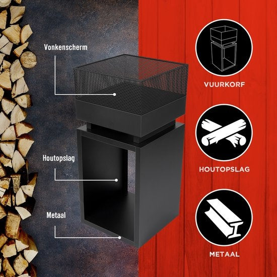 BBQ Collection Vuurkorf – Met Vonkenscherm & Houtopslag – 39 x 39 x 85 cm – Zwart
