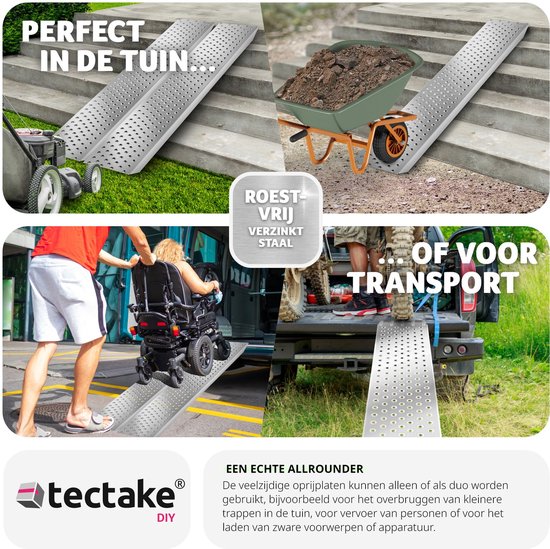 tectake® 2x Oprijplaten - Set van 2 Stalen Oprijplaten met Draagvermogen tot 400 kg - Antislip en Geperforeerd - Oprijplaat voor Auto, Aanhanger, Motorfiets, Zitmaaier, Rolstoel, Fiets (160 cm)