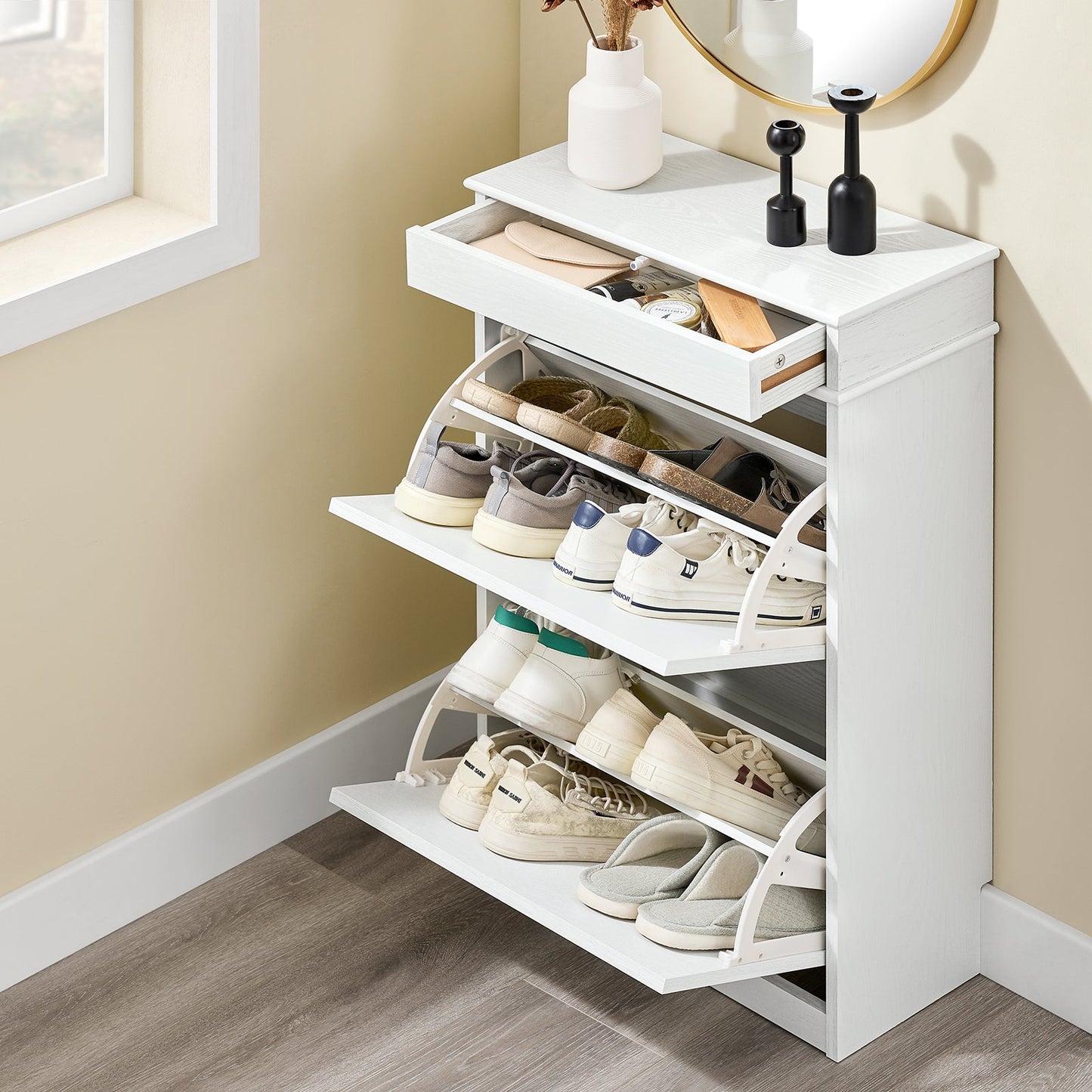 SoBuy FSR78-WG Schoenenkast met 2 Kleppen, 8 Paar, Hal en Entree, 54 x 24 x 82 cm, Wit met Verouderd Houteffect