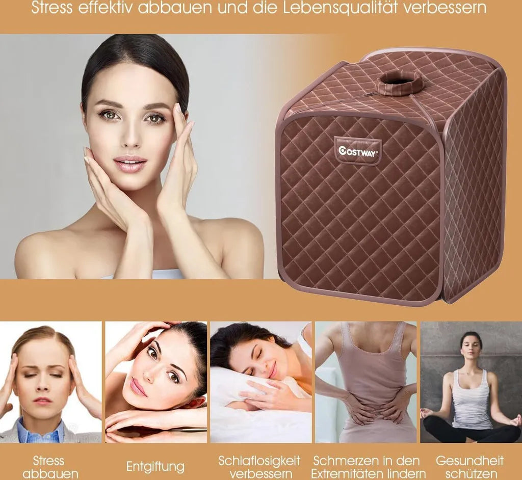 Coast Mini Stoomsauna 2 Liter - Opvouwbare Thuissauna met Afstandsbediening, Timer, 9 Temperatuurstanden en Stoel - Bruin