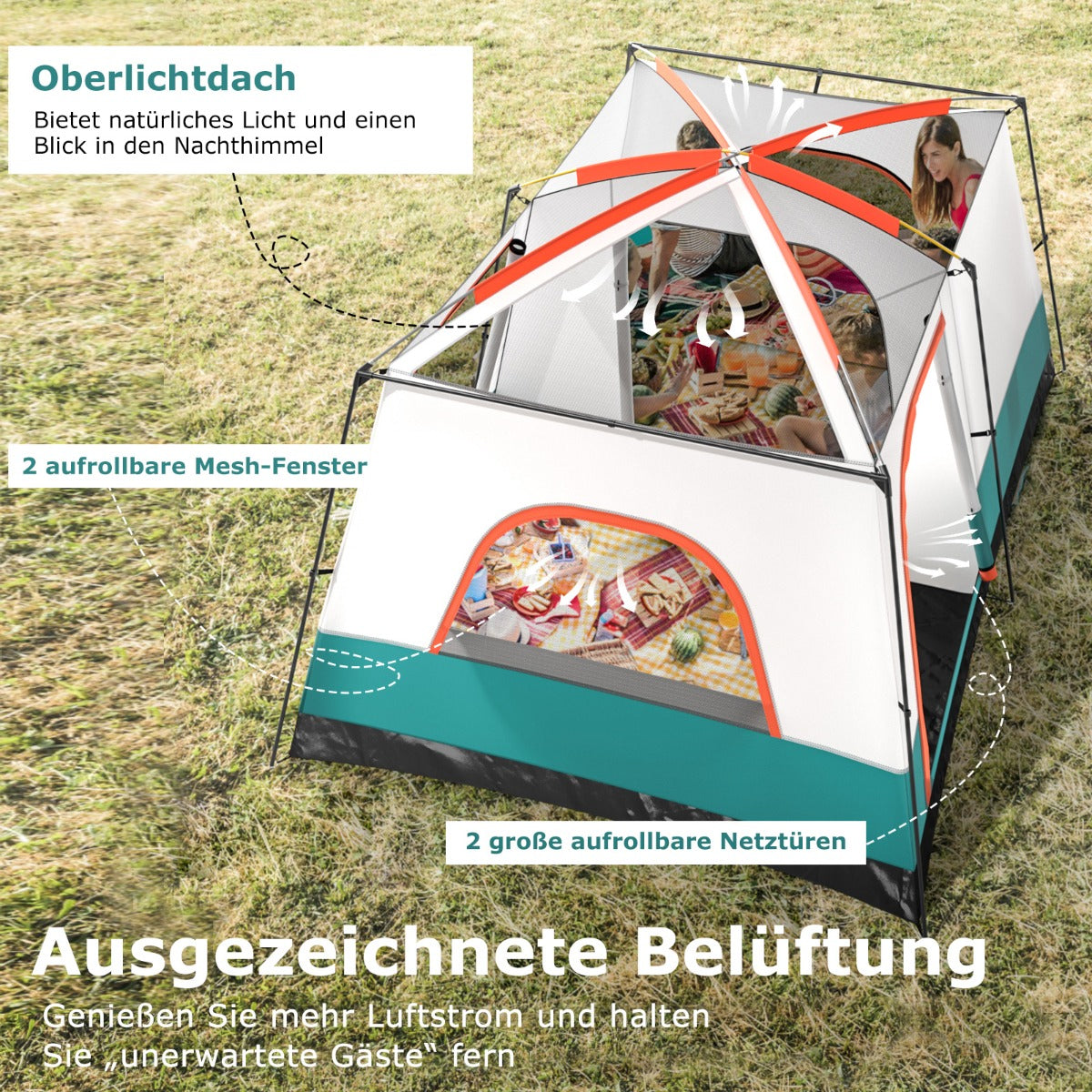 Coast Familietent met Luifel - 2 Kamers - 2 Ingangen - 380 x 260 x 190 cm - Groen