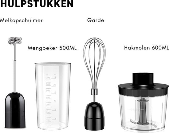 Safecourt Kitchen Staafmixer Set -  5 in 1 Multifunctionele Staafmixer - 20 Snelheden - 1000 Watt - Hakmolen - Inclusief Melkopschuimer & Maatbeker
