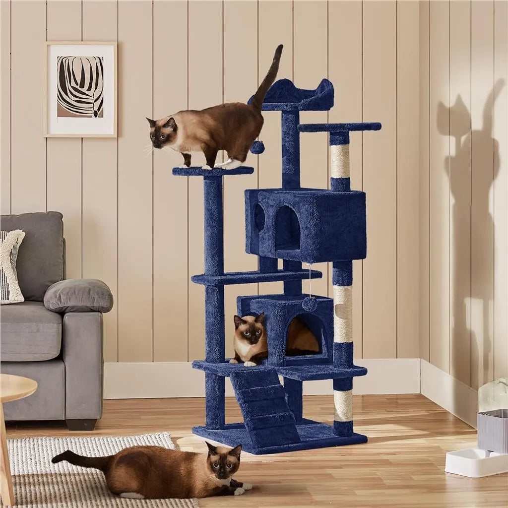Yaheetech Krabpaal 49 x 49 x 139 cm - Marineblauw - Kattenboom met 3 Ligplatforms en 2 Slaapholen