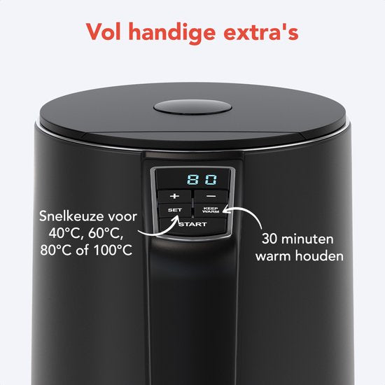 KitchenBrothers Waterkoker - Elektrisch - 1,5L - 2200W - Instelbare Temperatuurregeling - Dubbelwandig - Waterkoker RVS - Zwart