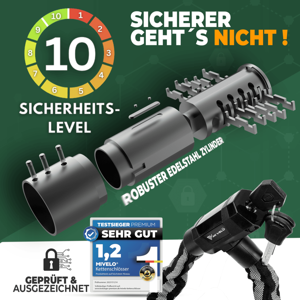 MIVELO Kettingslot voor Fietsen - Met Sleutelslot en LED - 100 CM - RVS