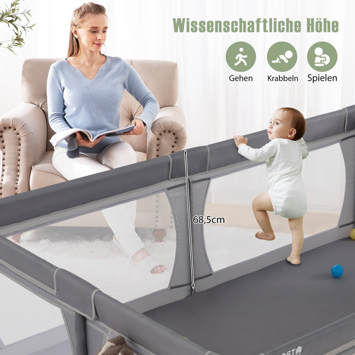 Babybox met Grote Ritsdeur Groot Speelhek met Zijvak & 50 Speelballen Grote Vloerstaande Babybox 206 × 147 × 68,5 cm Donkergrijs