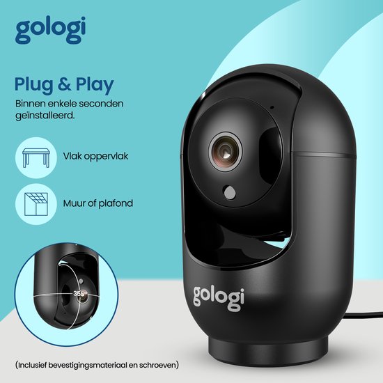 Gologi Huisdiercamera met App - Hondencamera - Pet camera - Beveiligingscamera - Security camera - Voor alle huisdieren - Met wifi - Zwart