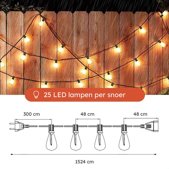 Partizzle 15m LED Lichtsnoer Edison - 25 Lampjes Slinger - Waterdicht Kerst Lichtslinger voor Buiten Terras en Camping - Kerstverlichting / Tuinverlichting - 2700k / Warm Wit