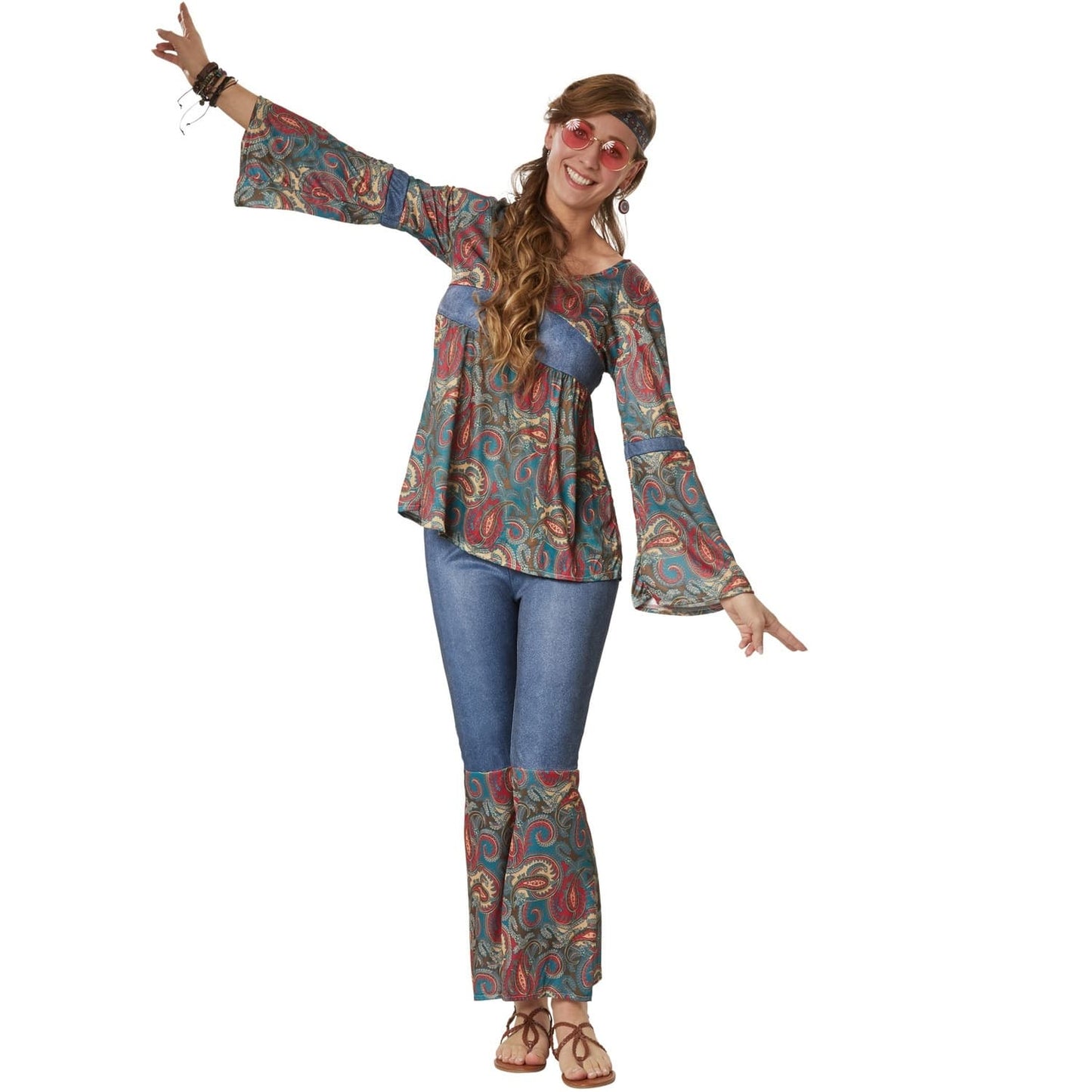 hippie girl harmony kostuum - dames maat l - multicolor - broek met elastiek en wijde pijpen