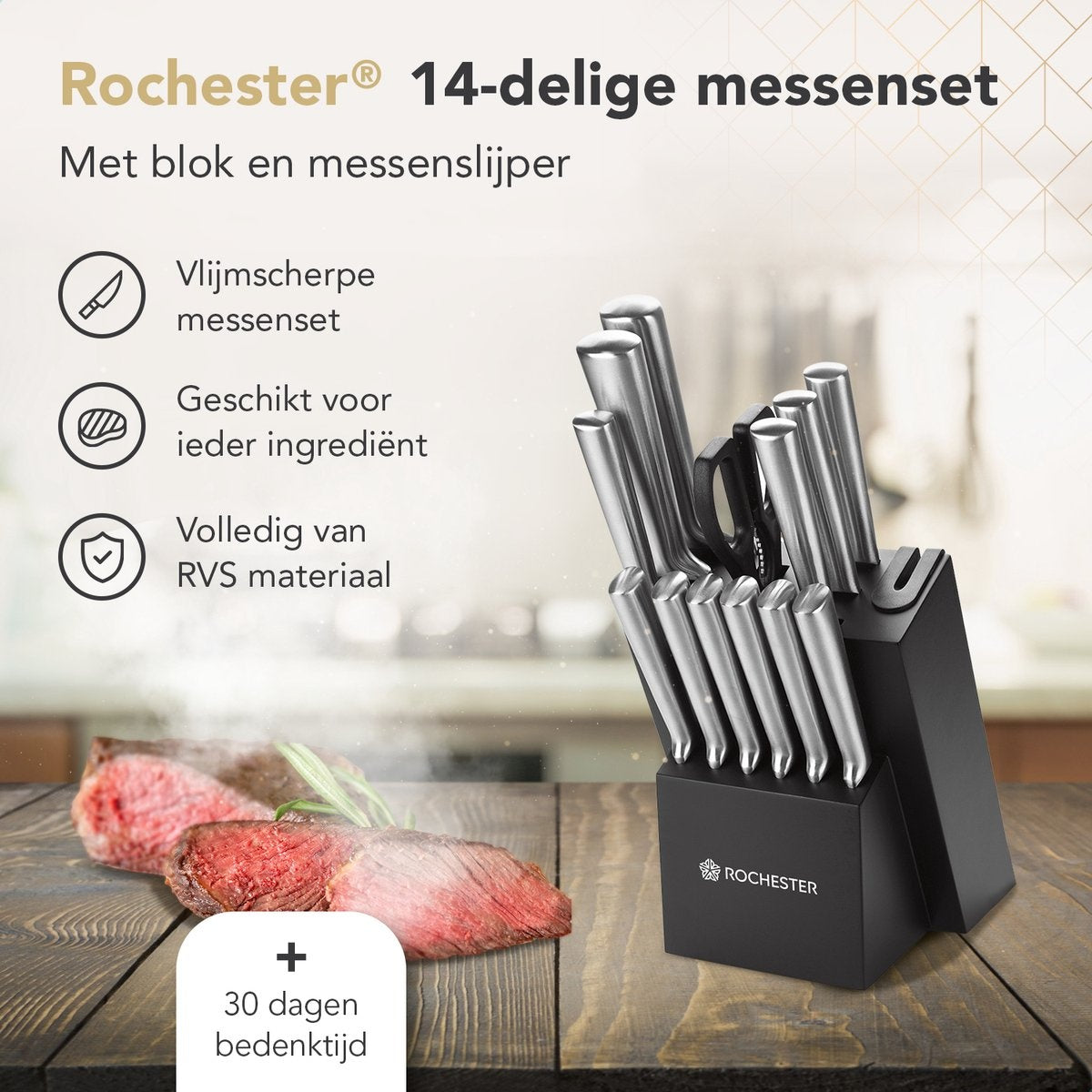 Rochester 14-delige Messenset met Blok en Messenslijper - Keukenmessen met Messenblok - RVS - Krasbestendige Coating