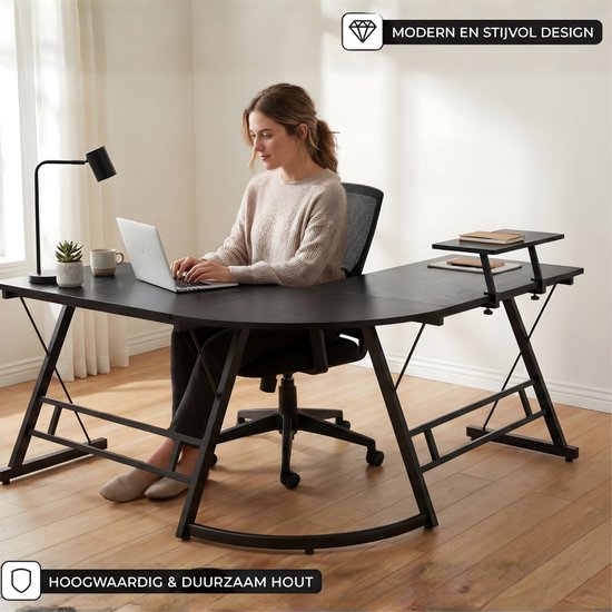 Bayt Hoekbureau - Bureau - Game Bureau - Gaming bureau - L vormig bureau - Computertafel - Zwart - 129 x 129 x 74 cm