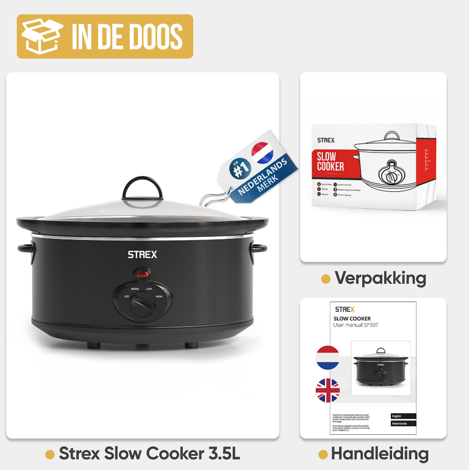 STREX SP307 Slowcooker 3,5 L - Uitneembare Keramische Binnenpan - 200 W - Zwart - 26 x 22 cm