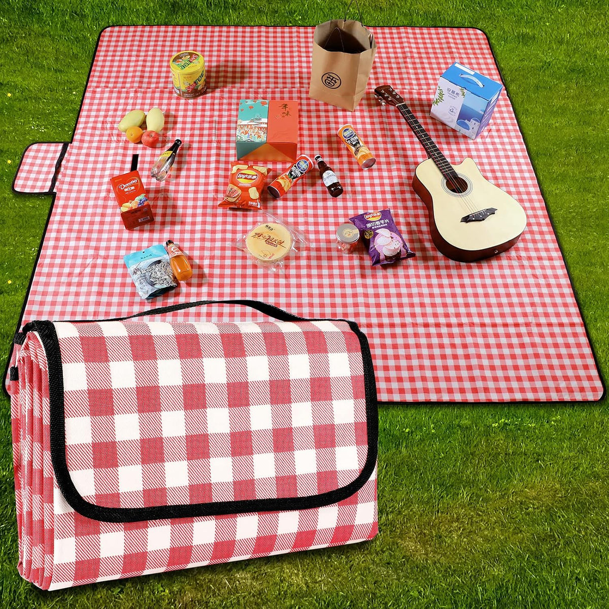 GUSUWU Picknickdeken – Waterdicht en Opvouwbaar – Rood Geruit – 200 x 200 cm