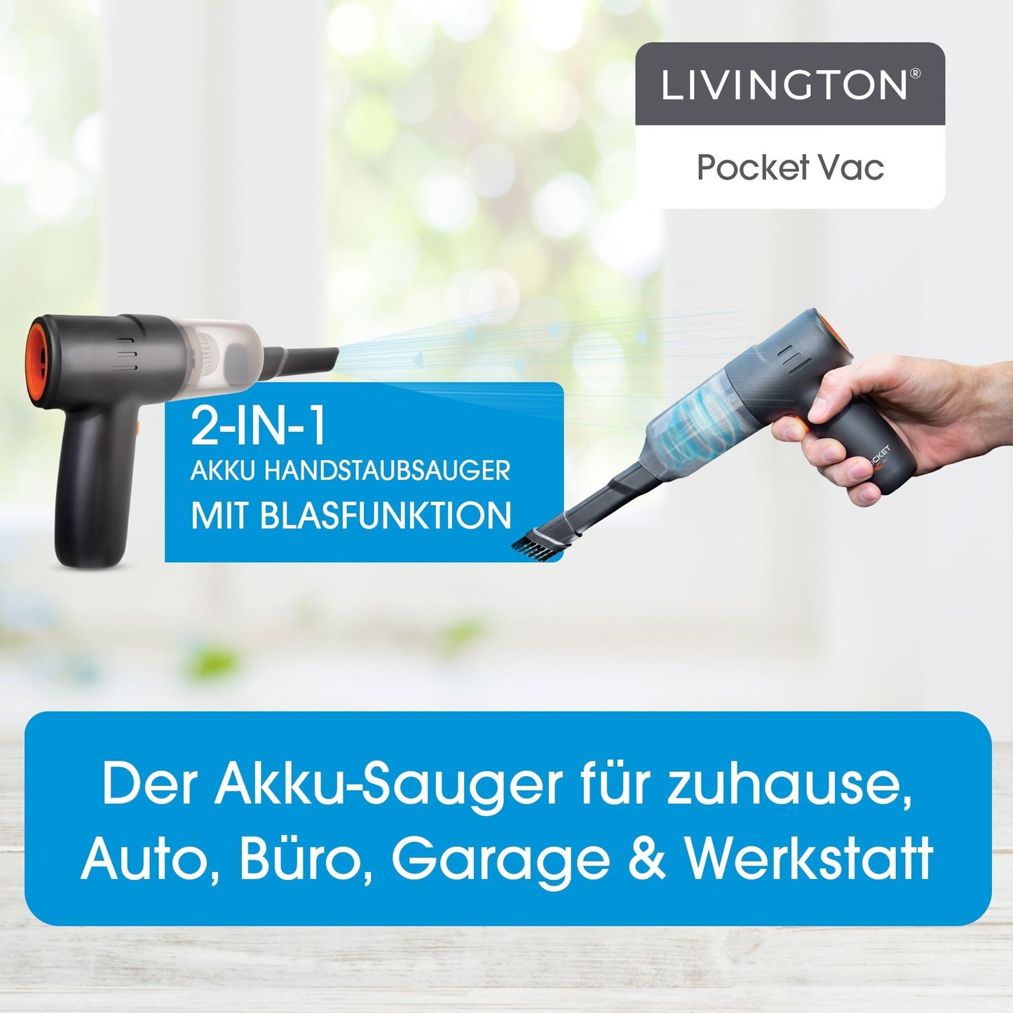 Livington PocketVac Draadloze Handstofzuiger met Blaasfunctie – Compact – Lichtgewicht – Inclusief 5 Opzetstukken
