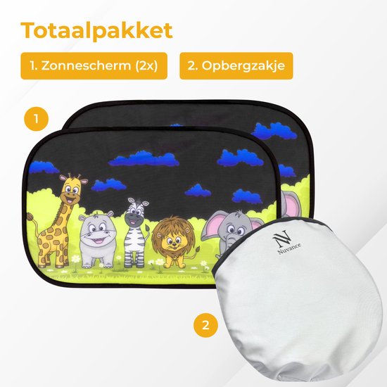 Nuvance Zonnescherm Auto - 2 Stuks - met UV Protectie voor Baby en Kind - Zonwering Zijruiten - Zelfklevend - One Size - Dieren