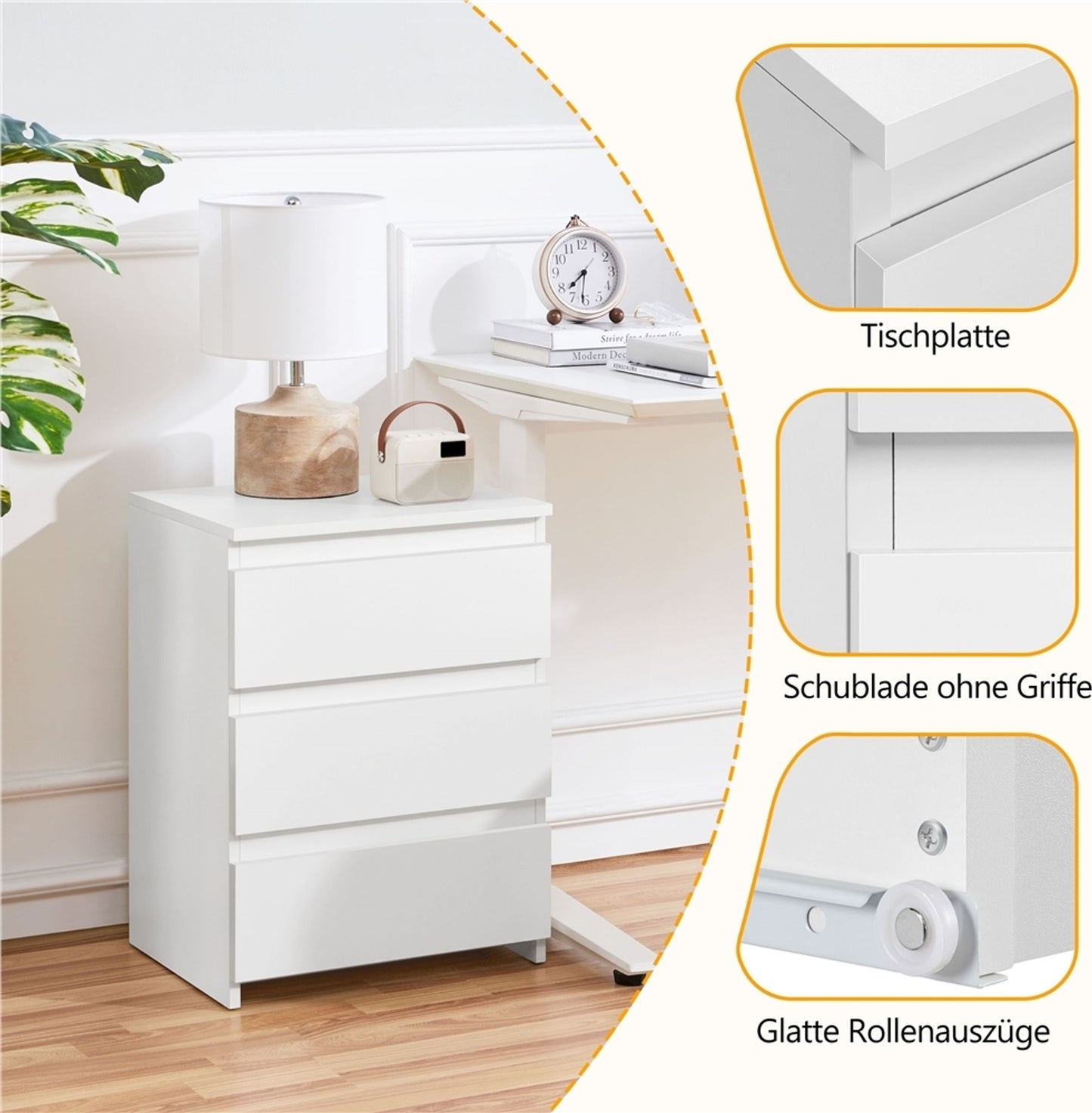 Yaheetech Nachttafel met 3 Lades - Wit - 45,5 x 35,5 x 60,5 cm