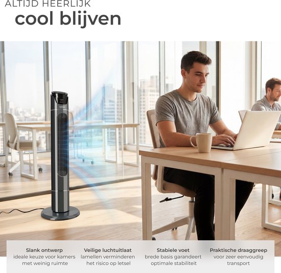 tectake® Grote Ventilator met Afstandsbediening - 110 cm - Oscillerende Ventilator met 3 Snelheden - Torenventilator - Stille Staande Ventilator met Verschillende Windmodi + Timer - Luchtkoeler - Zwart