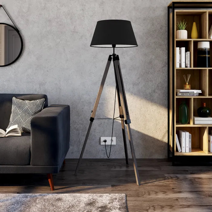 Atmosphera Runo Zwarte Driepoot Vloerlamp - Hout en Zwart - H145 cm
