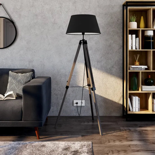 Atmosphera Runo Zwarte Driepoot Vloerlamp - Hout en Zwart - H145 cm