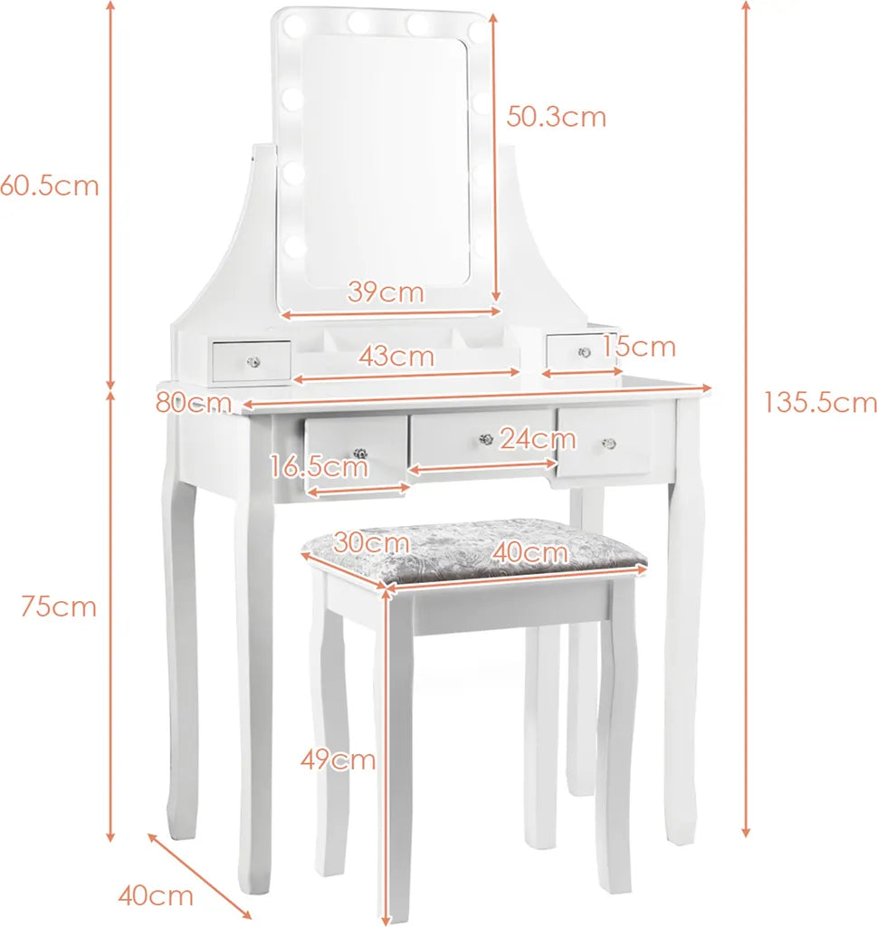 Coast ijdelheid ingesteld met rechthoekige spiegel- en ontlastingskaptafel 80 x 40 x 135,5 cm wit