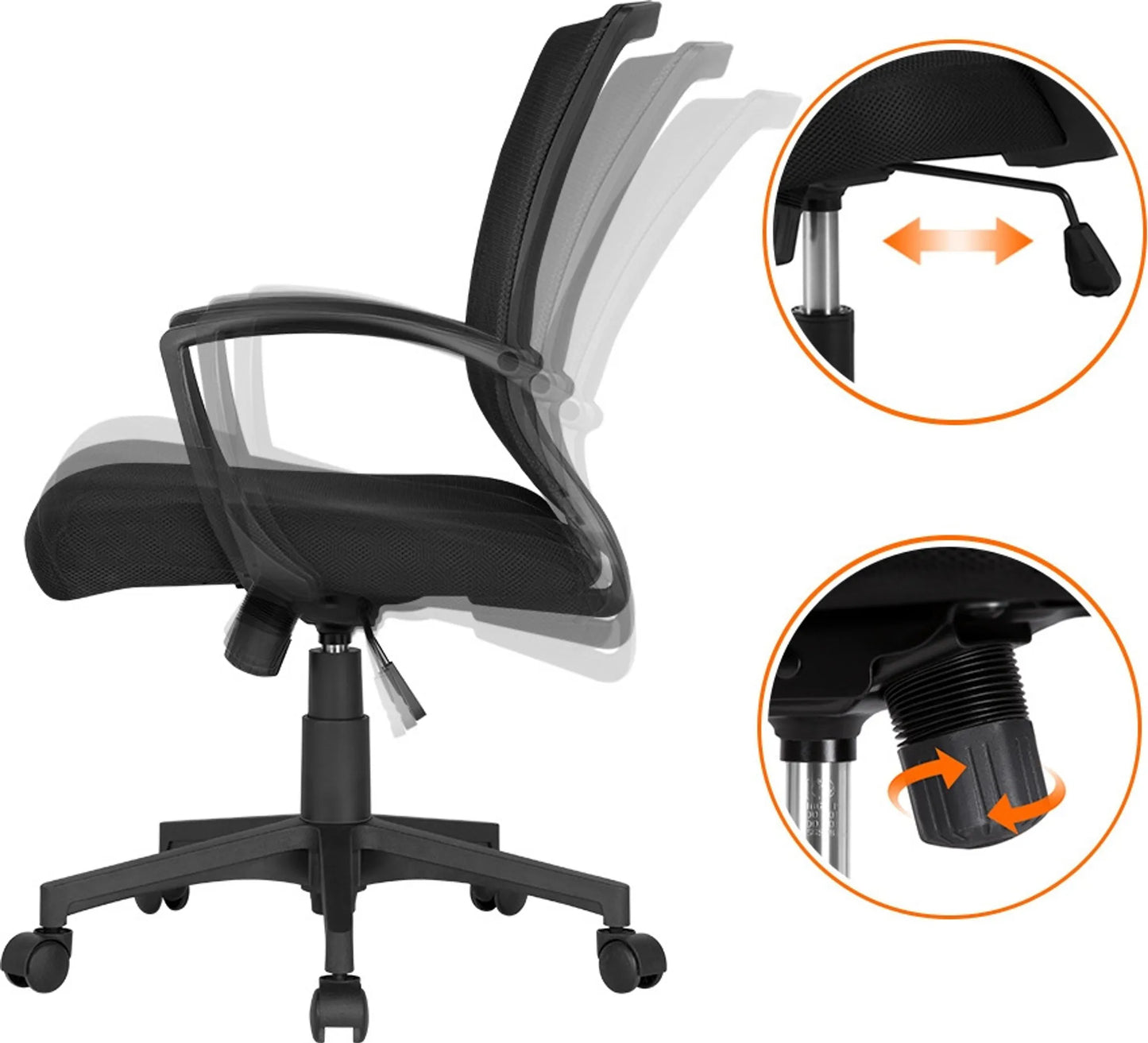 Yaheetech Bureaustoel Ergonomisch – Voorzien Van Ademende Meshstof En Schommelfunctie En Verstelbare Zithoogte – Voor Kantoor En Studeerkamer – Zwart Nylon En Metaal – 60 x 60 x 91-100,5 cm