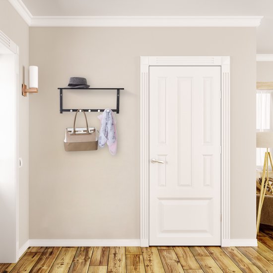 muur kapstok hangend - met plank - 5 haken - metaal - 28 x 65 x 25 cm - zwart