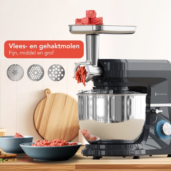 KitchenBrothers Keukenrobot - 6-in-1 Keukenrobot - 1500W - Met Gehaktmolen, Blender en 15 Accessoires - 6,2L RVS Kom - Antraciet