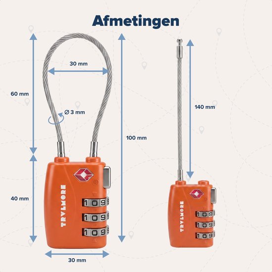 TRVLMORE Kofferslot Lang - TSA Reisslot - Slot - 3 Cijferig Hangslot - 14 cm Kabelslot - 2 Stuks - Cijferslot - Oranje