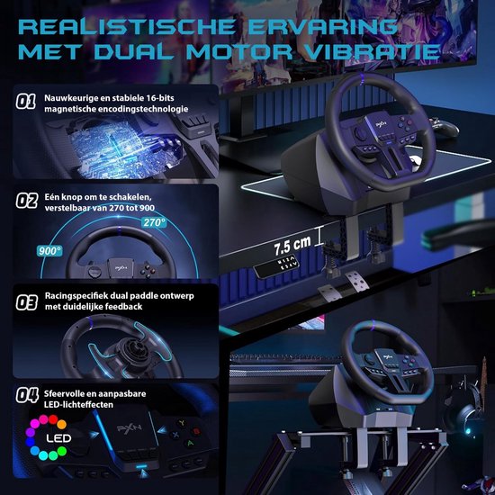 PXN - V900 Gen 2 - Race Stuur - Met Pedalen & Flippers - 270 / 900° - Game Stuur - Geschikt voor PS4 - PC - PS3 - Switch - Xbox X/S Series