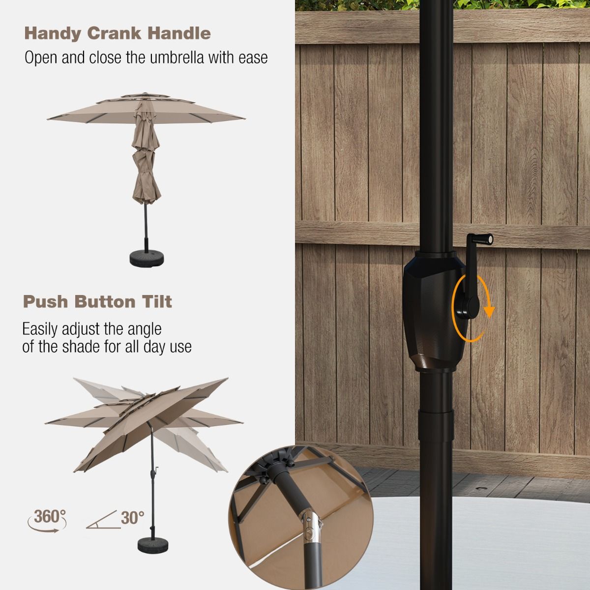 Coast Lichtbruine Tafelparasol 300 cm – 3-Lagen Zonnescherm met Kantelmechanisme en Handslinger – Tuinparasol met 8 Ribben en Geventileerde Kap