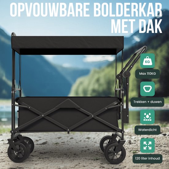 Avalo Bolderkar Met Dak XL - Opvouwbaar - Tot 110KG - 97x60x105 CM - 120L - 360º Wielen - Zwart