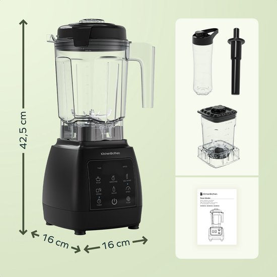 KitchenBrothers 2-in-1 Power Blender - 1600W - BPA-vrij - 2L - Complete Set met Hakmolen en To-go Beker - Smoothie Maker - IJscrusher - Zwart