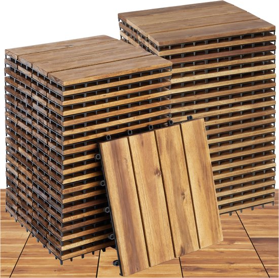 tectake® - Houten Tuintegels - Weerbestendig - Vloerbedekking voor balkon - Vloertegels - Balkonvloer - Terrastegels met kliksysteem - Drainage - set van 40