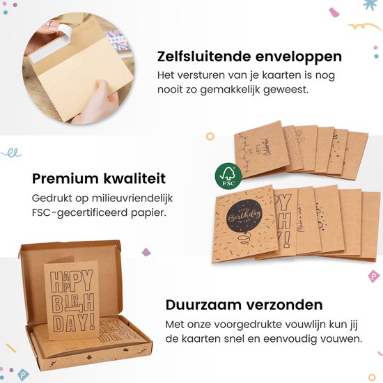 Partizzle 36x Duurzame Verjaardagskaarten met Envelop Set - Ansichtkaarten Versturen - Leuke Kraft Verjaardag Kaarten - Volwassenen - 15x10 cm