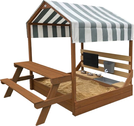 AXI Bo Zandbak & Speelhuisje 159 x 105 cm met Speelkeuken en Picknicktafel Bruin – FSC hout – Met Krijtbord en 6-delig Zandbak Accessoireset – Inclusief afdekzeil en gronddoek – 10 jaar garantie