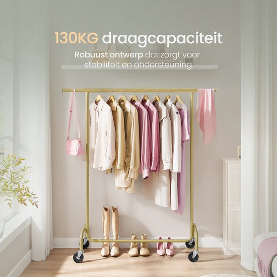 O'DADDY® Kledingrek - Kledingrek op Wieltjes - Kledingrek metaal - Kleding rek - Kledingrekken - Garderoberek - Kledingstang - Kledingrek goud - Uitschuifbare Kledingstang - Verstelbare Hangstang - Stabiel tot 130 kg - Goud