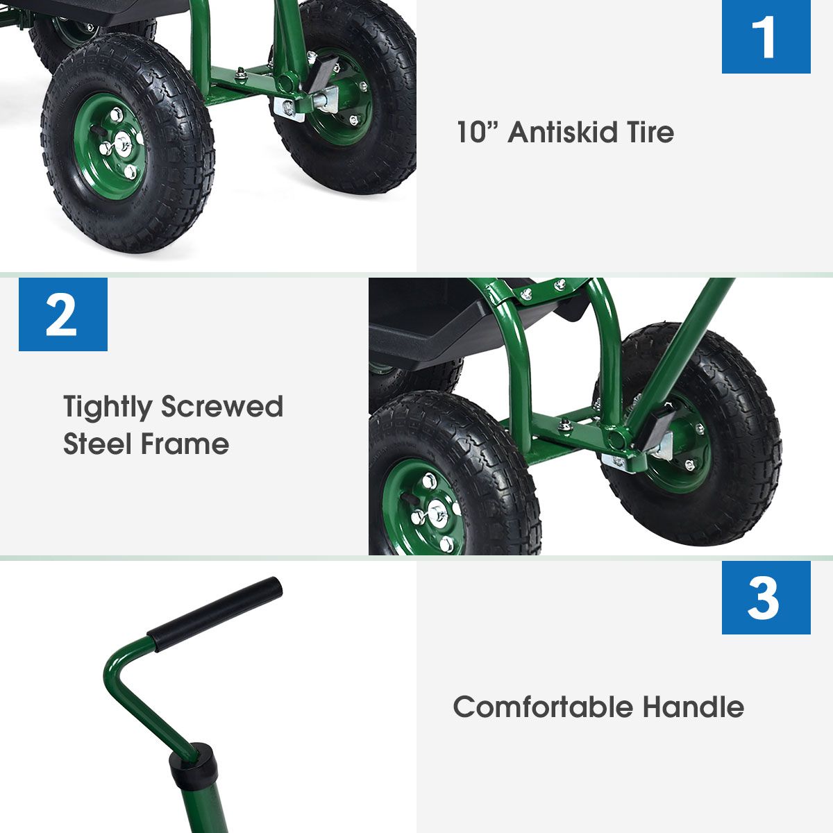 Coast Tuinwagen met opbergmand - in hoogte verstelbare handgreep - ergonomische zitting - groen
