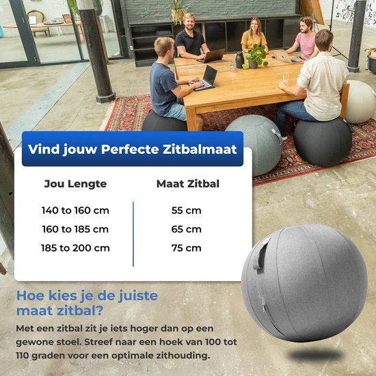 Backerz Zitbal 75 CM - Zitballen met Hoes Linnen - Ergonomische Bureaustoel Kantoor en Thuis - Luxe Yoga Bal - Licht Grijs