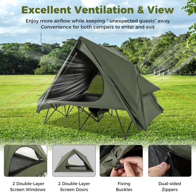 Coast Veldbed met tent voor 2 Personen - Campingbed 204 x 126 x 46 cm - Pop-up tent 204 x 128 x 105 cm - Waterdichte Oxford regenhoes - 2 netdeuren & ramen - Opbergtas met wielen - Groen