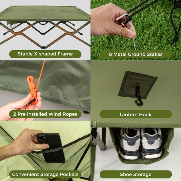 Coast Veldbed met tent voor 2 Personen - Campingbed 204 x 126 x 46 cm - Pop-up tent 204 x 128 x 105 cm - Waterdichte Oxford regenhoes - 2 netdeuren & ramen - Opbergtas met wielen - Groen